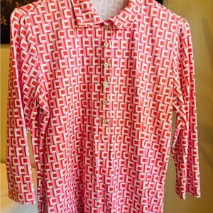 J. McLaughlin Pink and White Geometric Button-Front Blouse